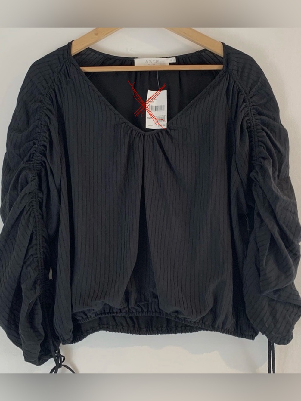 Astr Black V-Neck Ruched Drawstring Sleeve Blouse